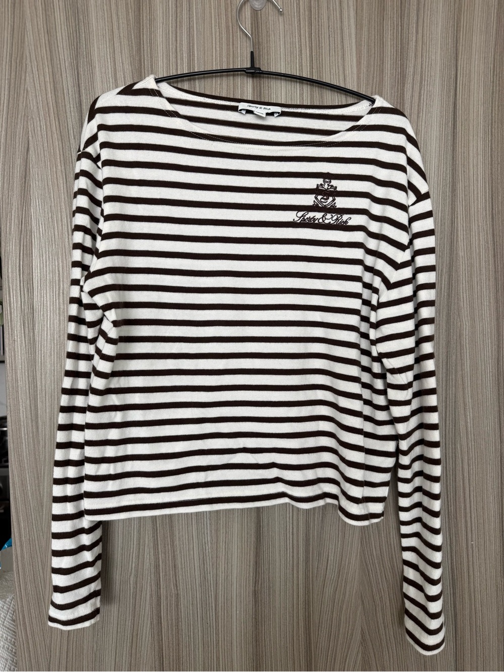 Sporty & Rich Brown & Cream Striped Embroidered Logo Long Sleeve Top – L